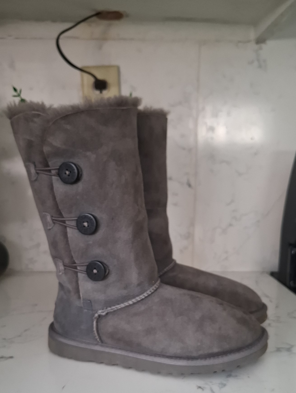 UGG Bailey Tall Gray Suede Button-Trim Shearling Boots